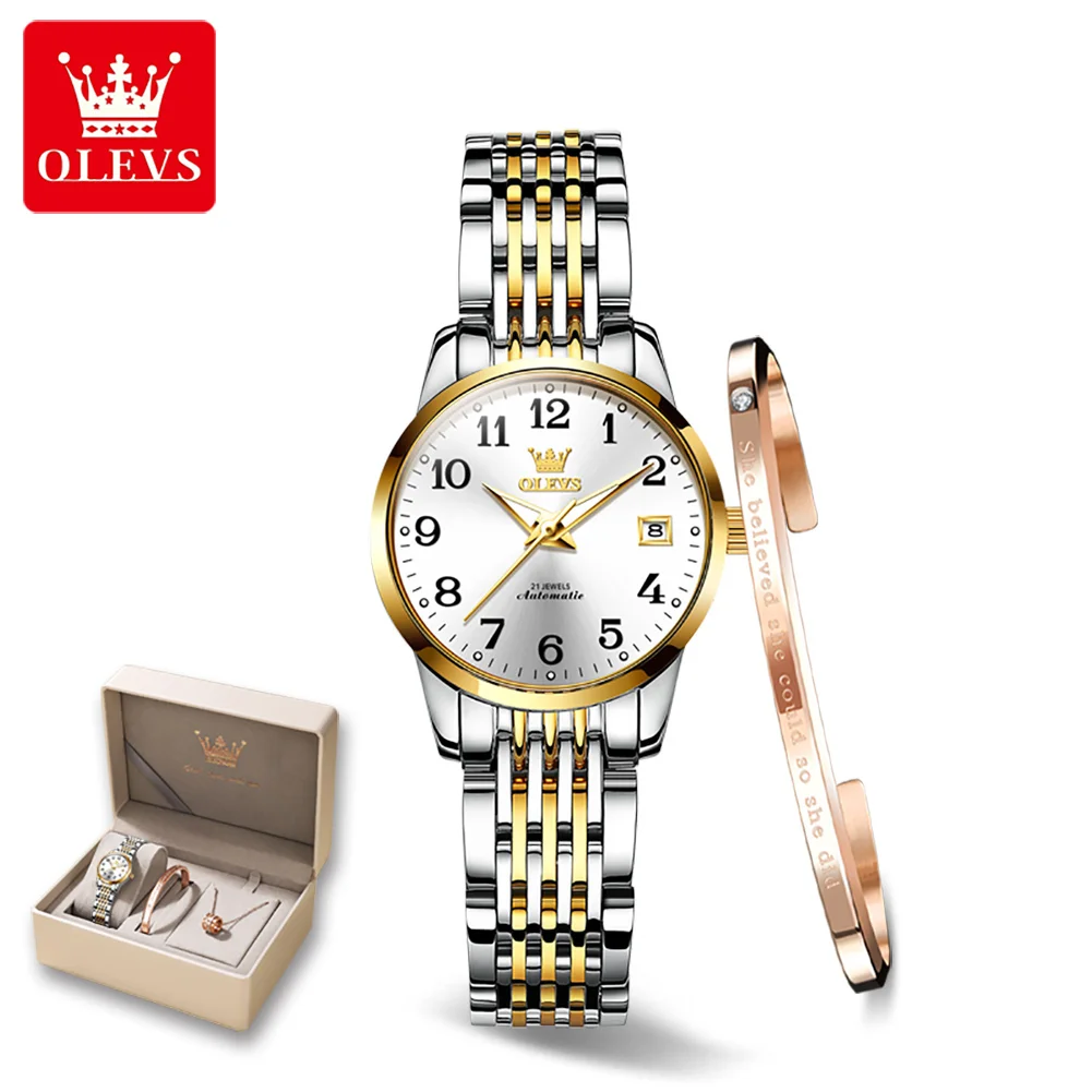OLEVS Women Automatic Mechanical Watches Stainless Steel Wristwatch for Women Classic Fashion Waterproof Ladies Gold Watch 6666