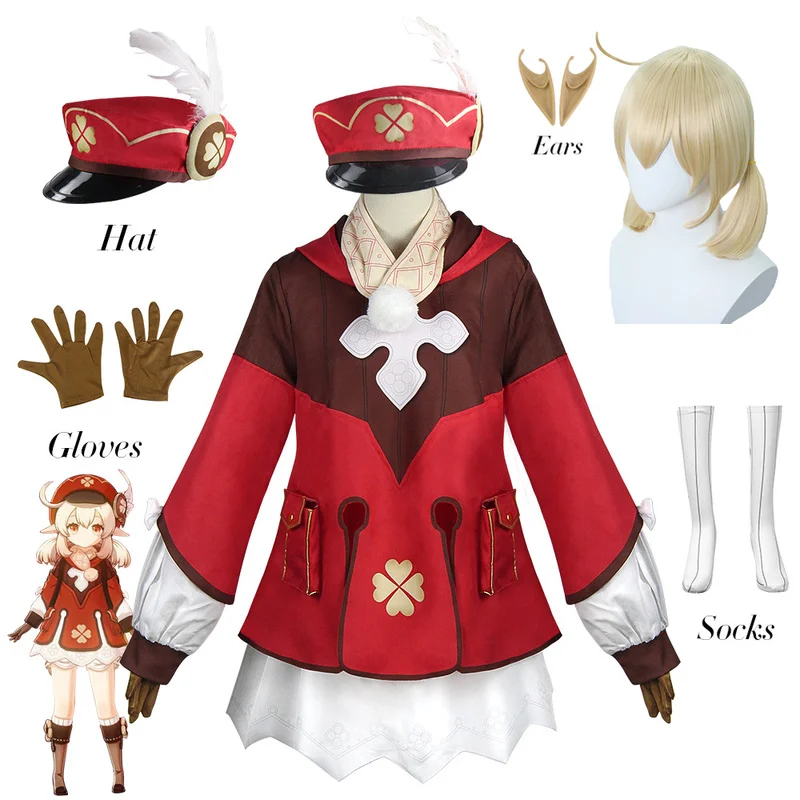 

Костюм для косплея аниме Genshin Impact Klee, парик и шляпа в стиле Лолиты, полный комплект, наряд для вечеринки, Униформа, рождественские костюмы на ...