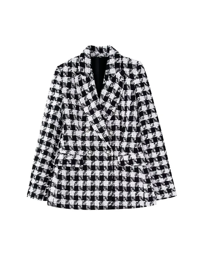 DYLQFS Women 2022 New Fashion Houndstooth Double Breasted Blazer Vintage Flap Pocket Long Sleeve Ladies Coat Chic Top Mujer