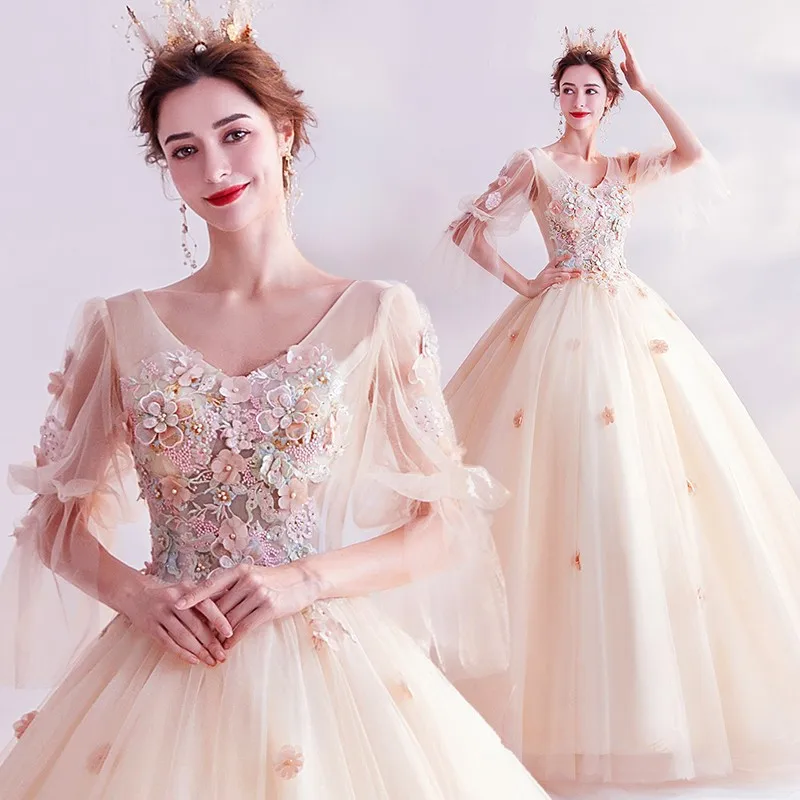 

Princess Dress Colorful Yarn Champagne Flower French Long Stage Solo Poncho Dress Banquet Annual Meeting Evening Dress