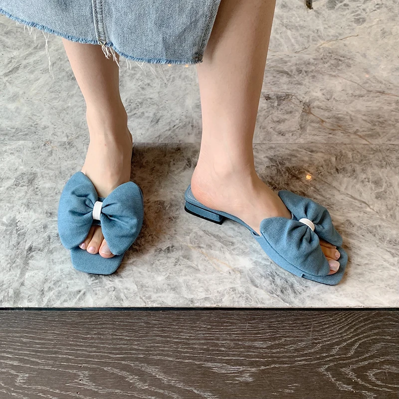 

Bow Women Slippers Open Toe Black Blue Denim Ladies Sandals Slides Mules Shoes Thick Low Heeled Summer Outdoor Mules Shoes 2022