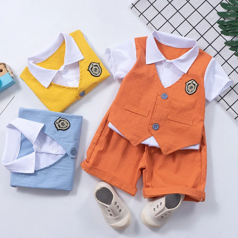 

Summer Boy Cotton Fake Three-Piece Suit New Casual Children's Korean Short-Sleeved Fashion Boy Suit Suitable For 1-6 Years