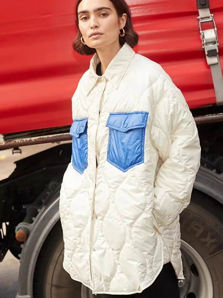 Warm Color Patchwork Women Parkas Jacket 2022 Autumn Winter Casual Loose Single Breasted Lady Commuter Cardigan Coat with Pocket