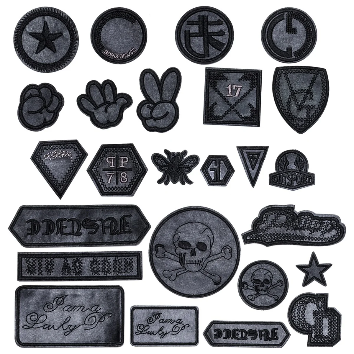 

25Pcs Black PU Leather Ironing On Patches Yeah Star Stripe Stickers Embroidered for punk Clothes Pants Hip-hop Appliques Badge