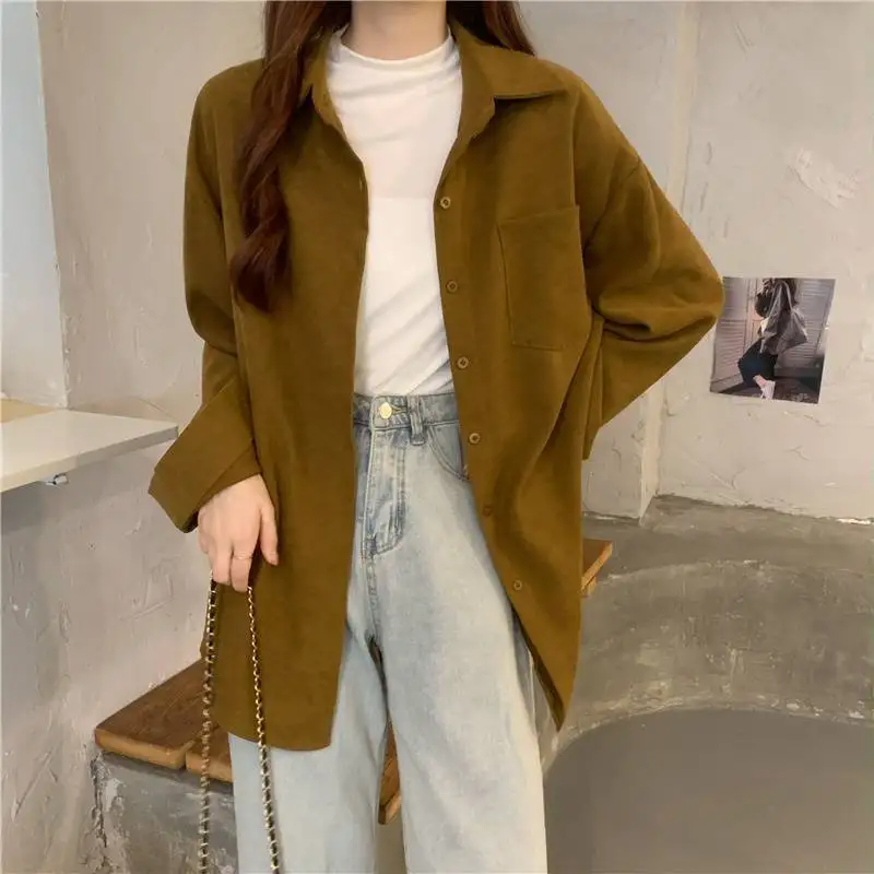 Fashion Corduroy Jacket Womens Shirt Spring and Autumn New Korean Simple Single Breasted Long Sleeve Lapel Solid High Quality