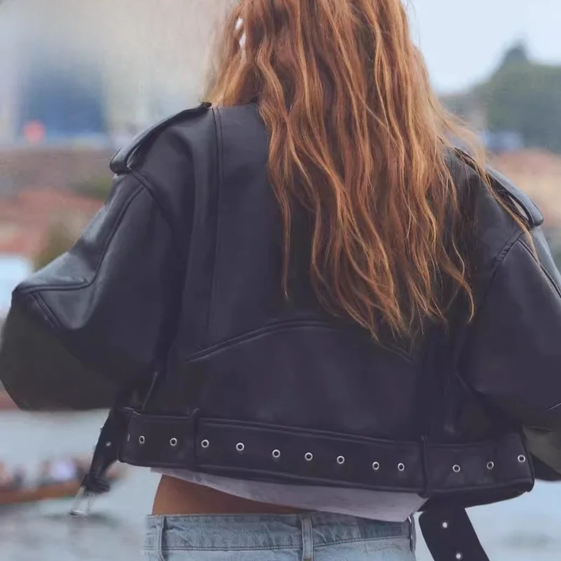 Za 24 осенне-зимняя новая женская одежда молния с лацканами орнамент имитация кожи