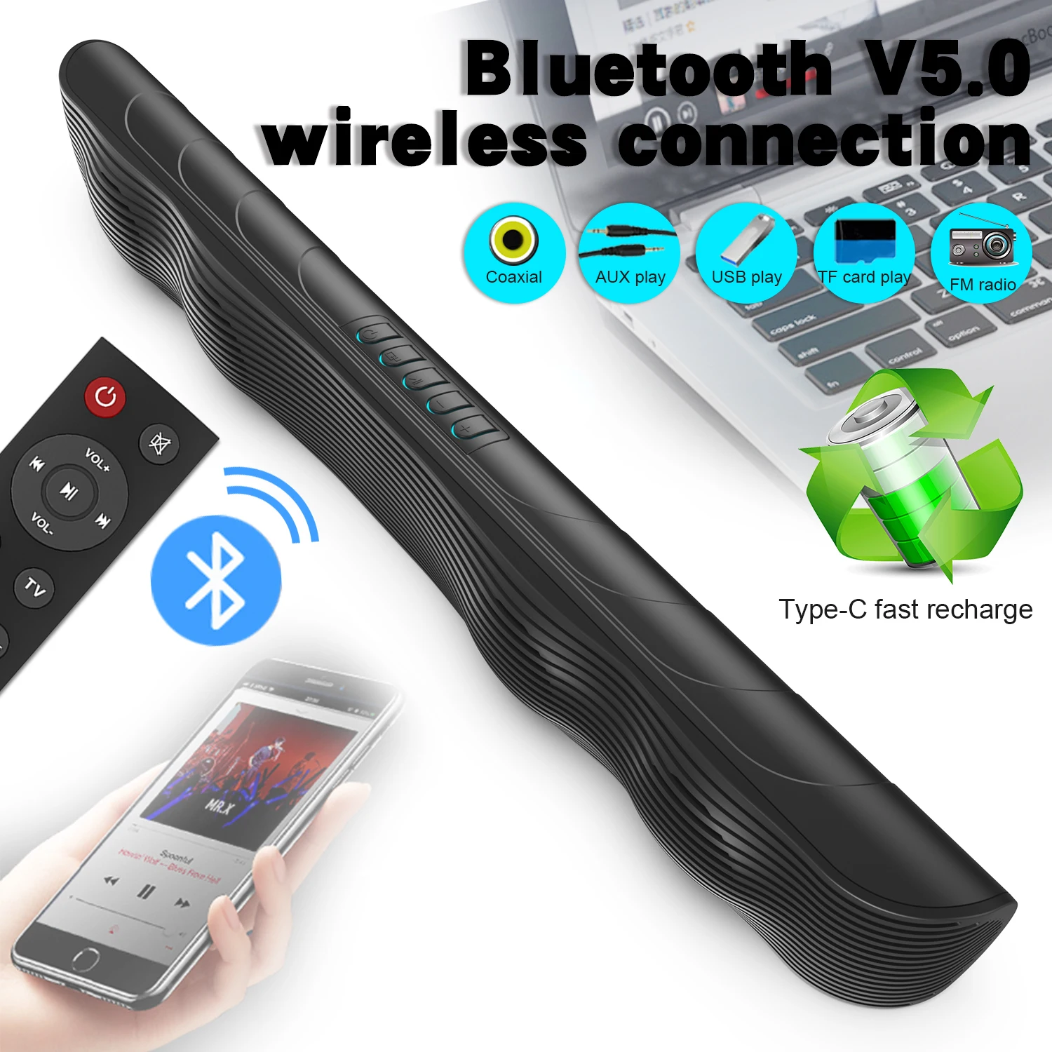 TV Soundbar Portable Bluetooth Speaker Wireless Subwoofer Home Cinema Sound System Stereo with TF FM Radio Music Center Boom Box