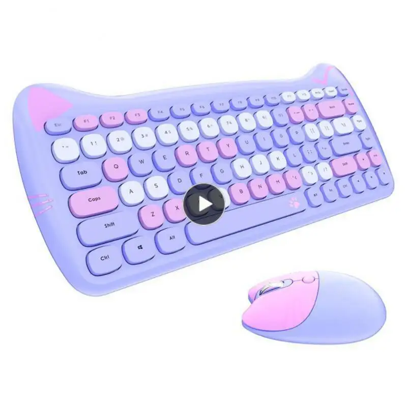 

Ergonomics Photoelectric Keyboard And Mouse Usb 2400dpi Wireless 2.4g Keyboard Mouse Set Cute Meow Waterproof Mixed Color