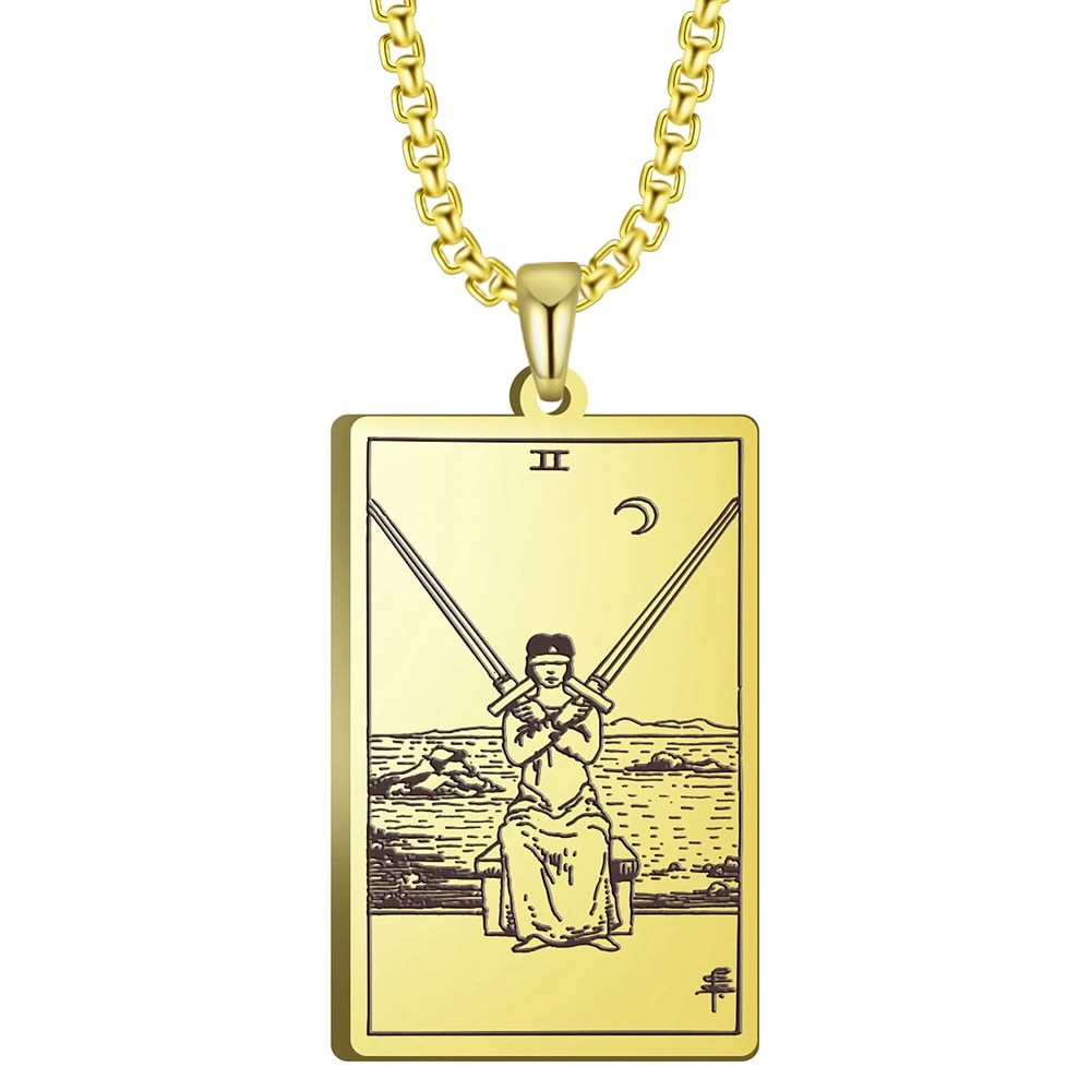 

Stainless Steel Jewelry Black Color Gold Color Steel Color 24x40mm Tarot Two Of Swords Pendant Necklace With 60cm Box Chain