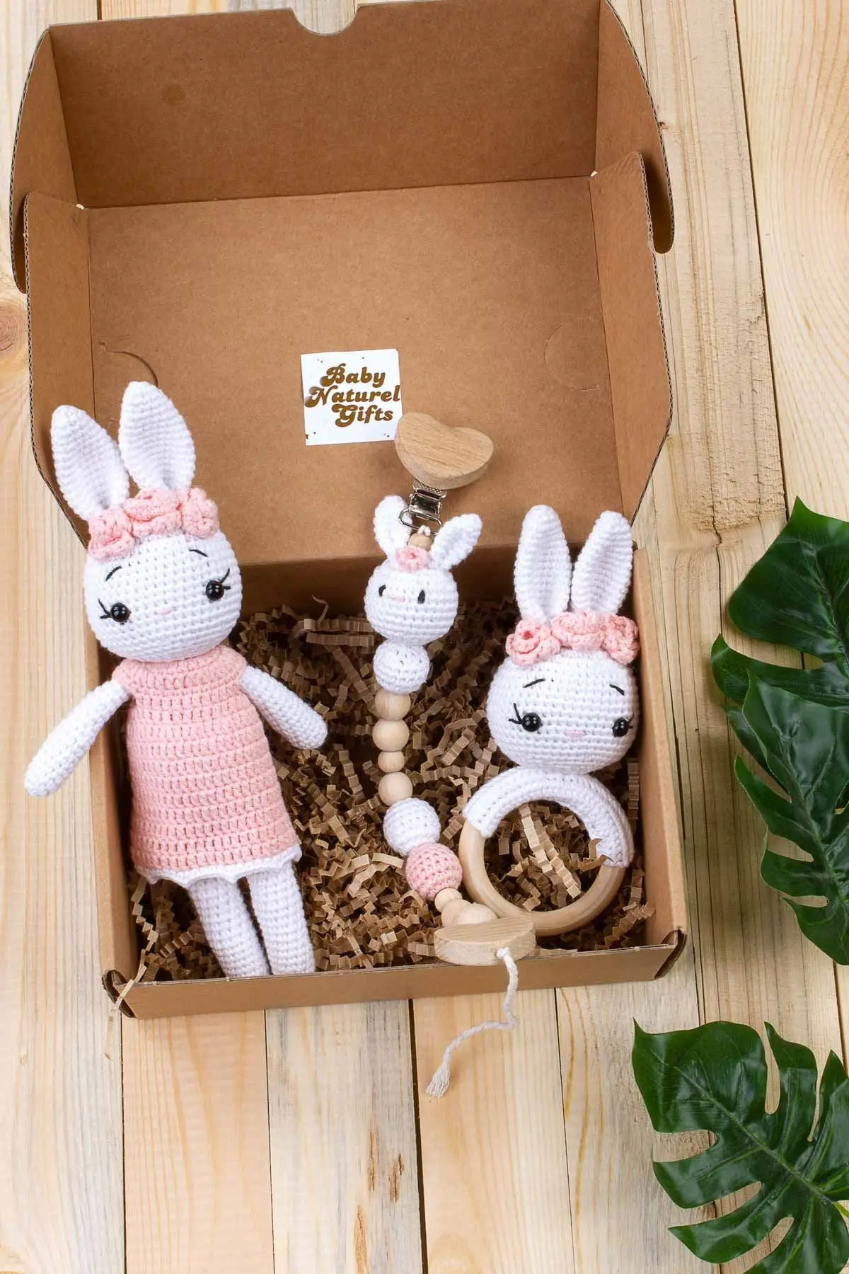 

Organic Handmade Custom Rabbit Girl Amigurumi Rattle Pacifier Strap Toy 3 Set