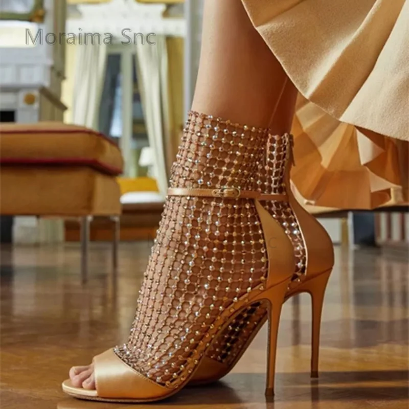 Peep Toe Mesh Sandals Boots Stiletto Women's Summer 2023 New Rhinestone Hollowed Out High Heels Ankle Boots Party Shoes Female