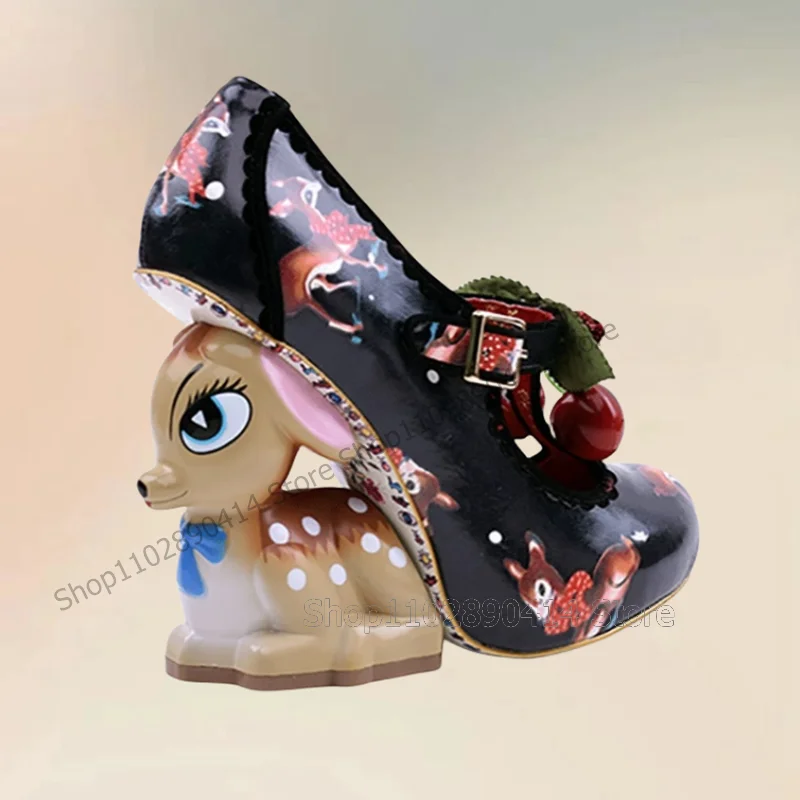 Женские туфли на каблуке туфли-лодочки с ремешком щиколотке принтом в виде вишни