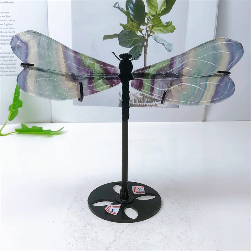 

Natural Rainbow Fluorite Dragonfly Wings With Stand Energy Gemstone Healing Stone Home Decoration 1pair