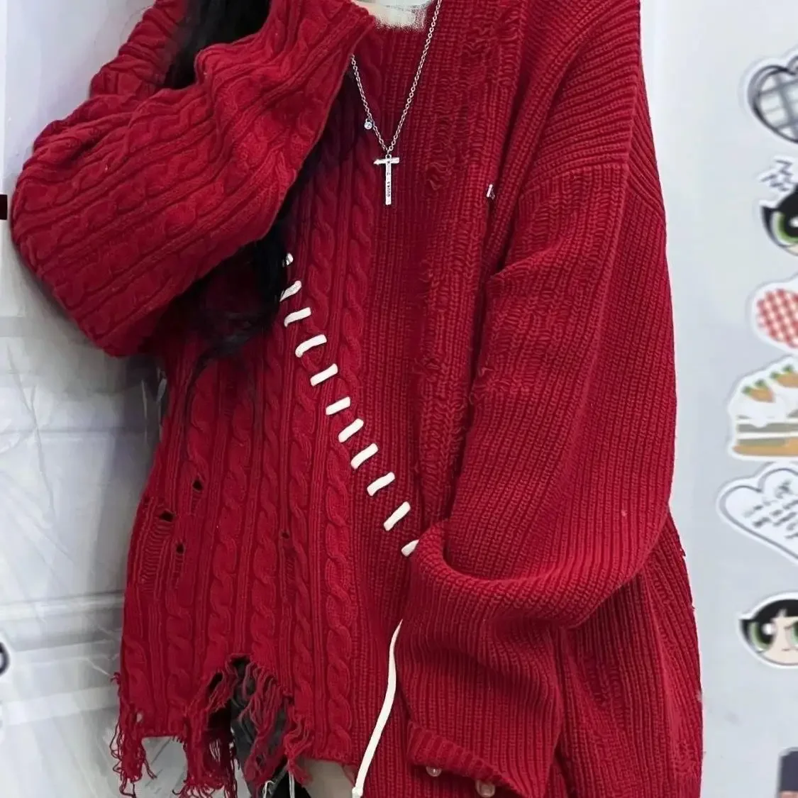 Осень/зима 2024 новый винтажный красный свободный крой мягкий и эластичный вязаный