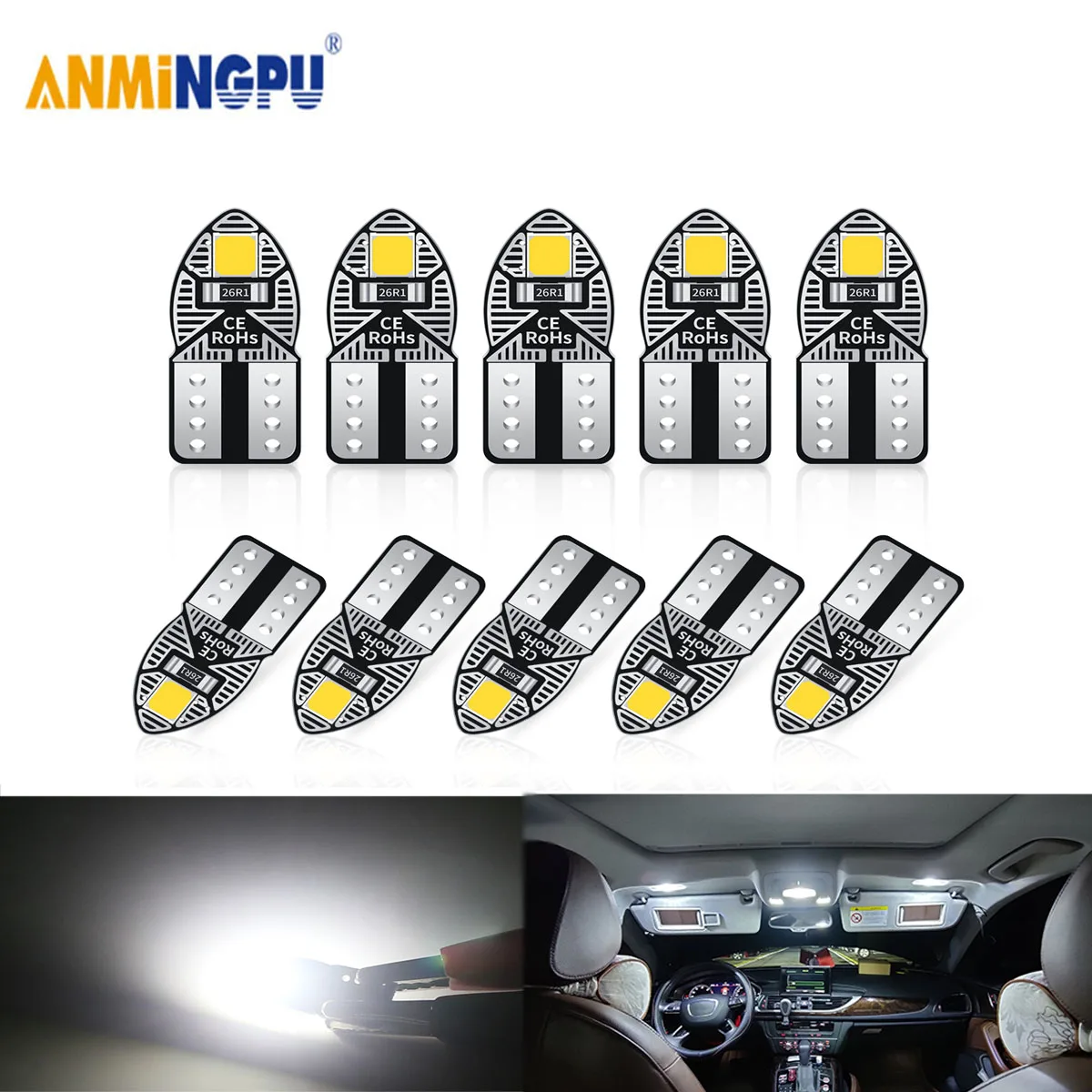 

ANMINGPU 10Pcs T10 W5W LED Canbus Error Free Bulb 194 168 2SMD 2835 Chip Cars Interior Light Auto Reading Lamps Signal Lamp 12V