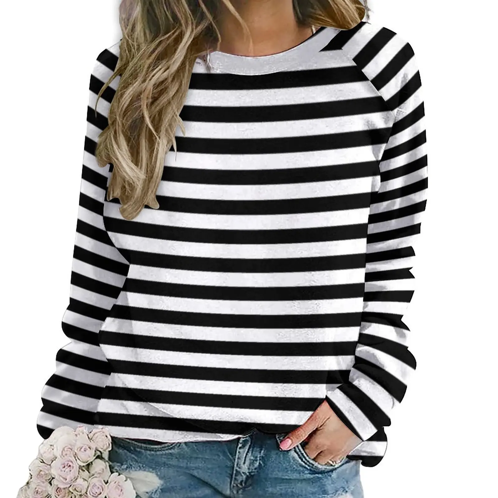 

Черная Осенняя Повседневная Толстовка в полоску с длинным рукавом