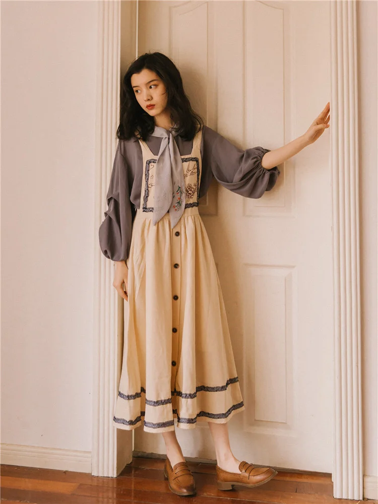 

Tea Dress Women Two-piece suit female 2022 new girl college style spring French retro suspender dress and blouse set fashion