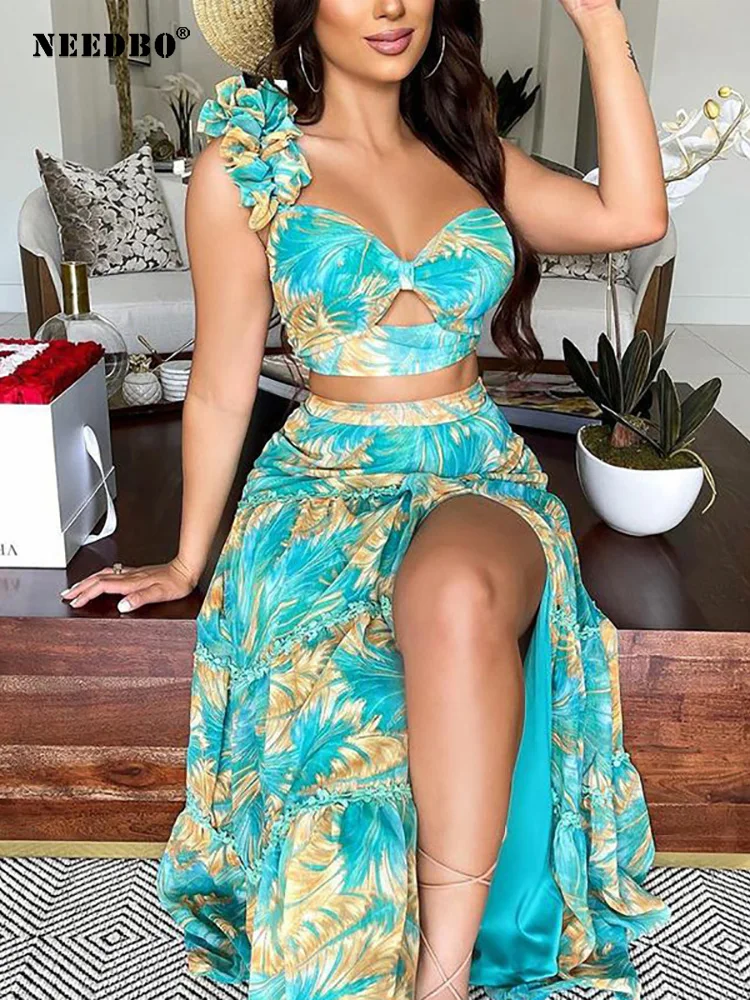 

NEEDBO летние женские сексуальные тонкие комплект из двух предметов с открытыми плечами Разделение Цветочный принт кроп-топы и костюм с длинный юбкой, для девушек, элегантное, наряды