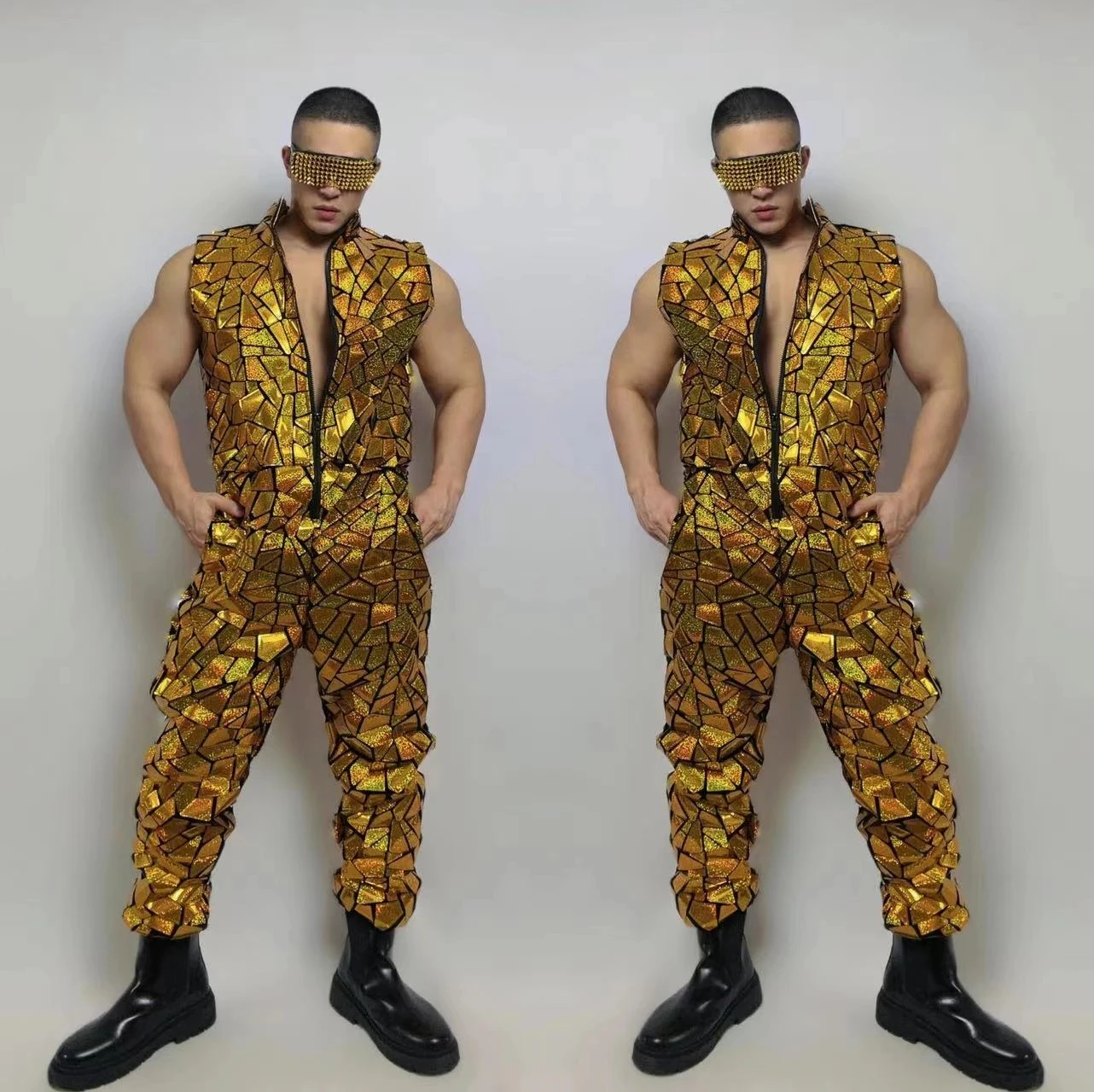 

Dancer Team Performance Clothes Hip Hop Jazz Dance Overalls Gold Mirror Laser Sleeveless Jumpsuit Club Party Costume
