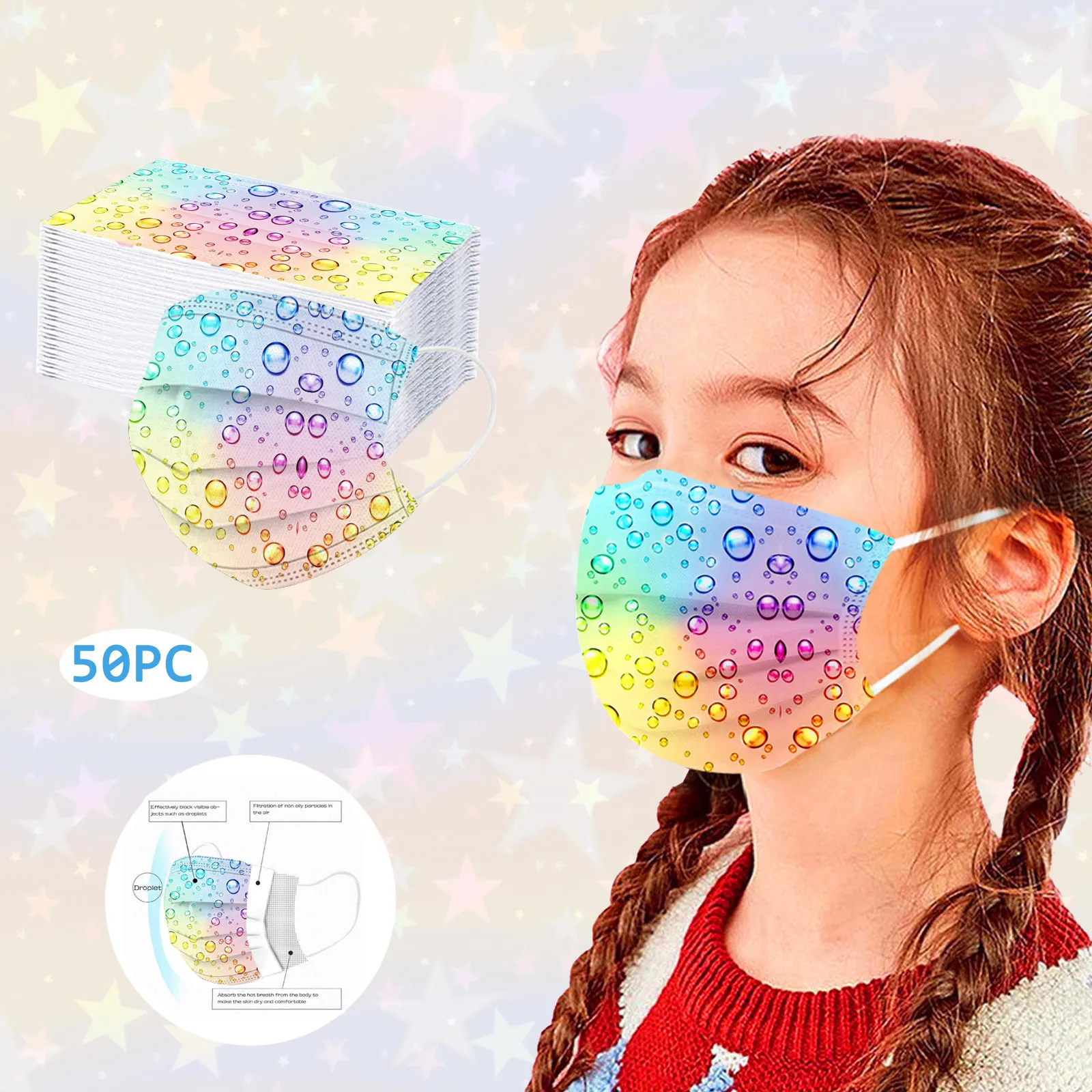 

Gradient Children Mask Water Drop Printed 3-Layer Outdoor Kids Mouth Cover Dust-Proof Disposable Non Woven Girls Boys Mascarilla