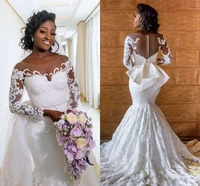 vintage african long sleeves mermaid wedding dress with detachable train luxury off shoulder lace applique plus size bridal gown