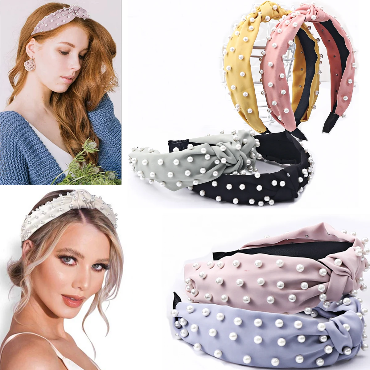 

Fashion Pearl Knotted Hair Band for Women Silk Solid Color Headband Girls Faux Pearl Wide Hairbands Hair Hoops Hair Accessories