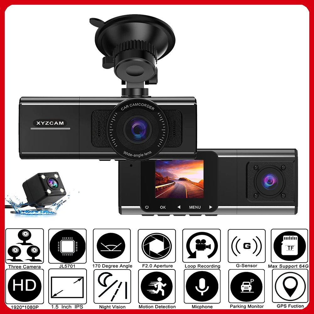 XYZCAM Car DVR Dashcam Three Lens 3 Channel Camera Rear Vision FHD 1080P 1.5 Inch Parking Guard Auto Video Recorder Dash Cam