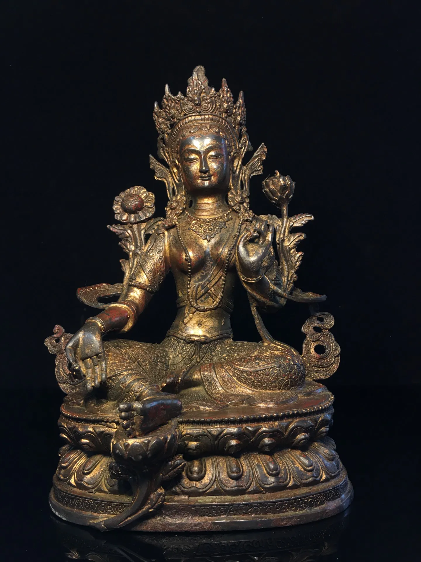 

13"Tibet Temple Collection Old Bronze Gilding Cinnabar Green Tara Double Lotus Platform Sitting Buddha Worship Hall Town house