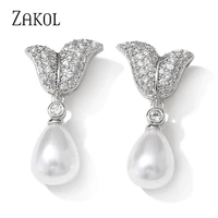 zakol new temperament irregular cubic zirconia dangle earrings women luxury imitation pearls bridal wedding jewelry gifts ep2920