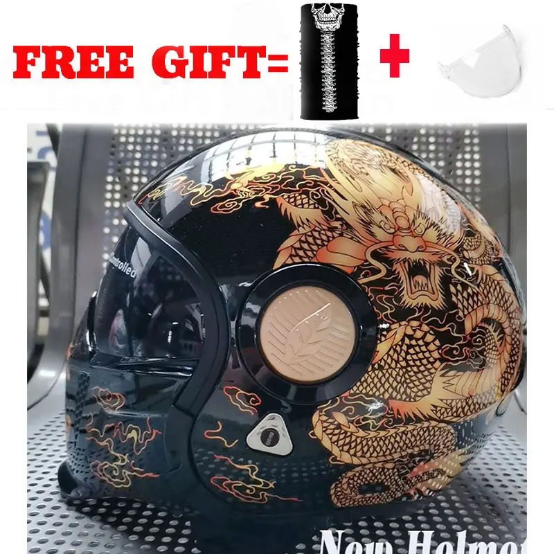 New Motorcycle Helmet Vintage Casco Moto Black Warrior Combination Helmet Full Half Helmet Cruising Helmets Motorcross Men 01