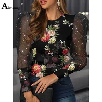 aimsnug plus size women patchwork guaze top long sleeve elegant fashion t shirt ladies summer flower print tees clothing 2022