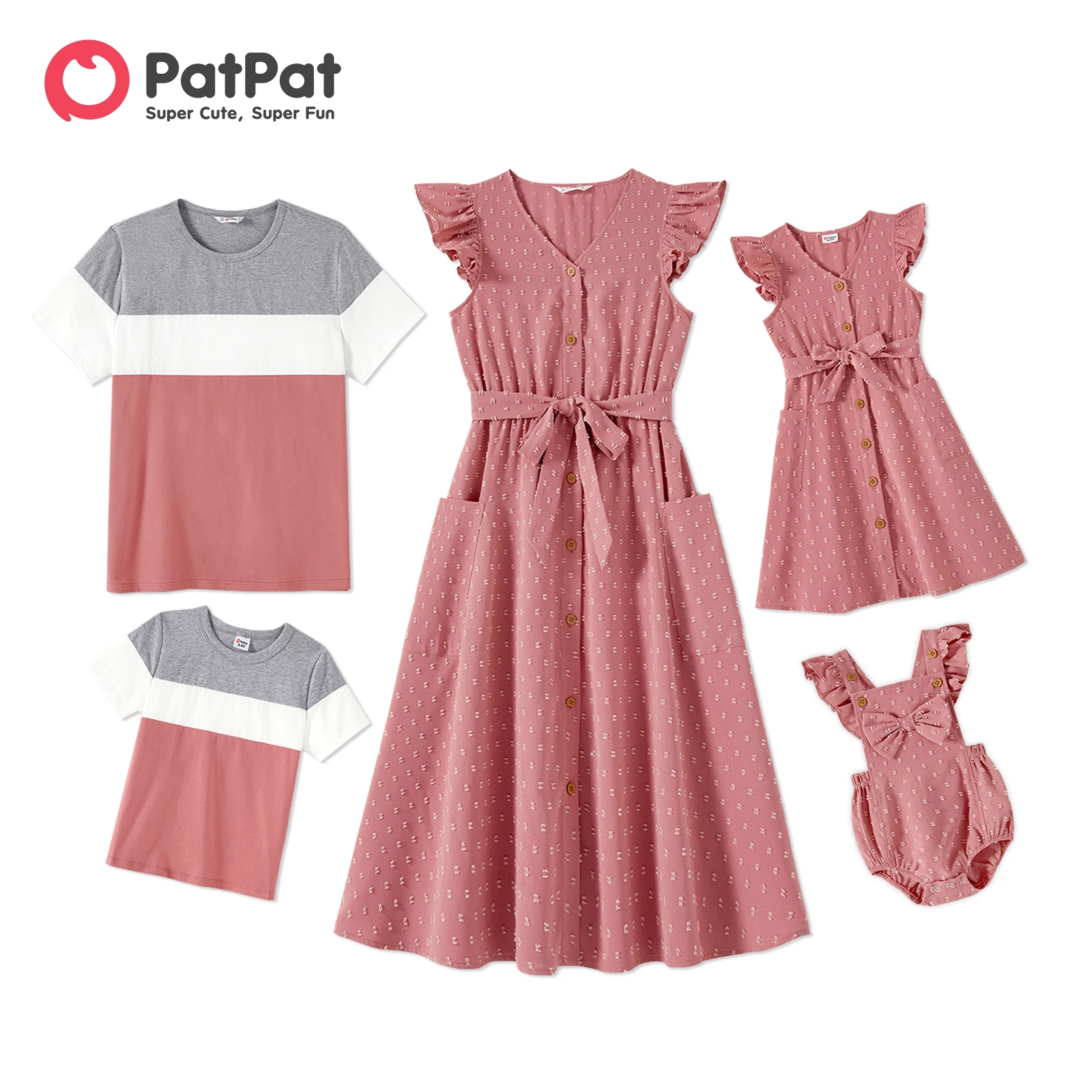 

PatPat Family Matching Outfits 100% Cotton Colorblock Tee and Solid Swiss Dot Button Front Flutter-sleeve Belted Dresses Sets