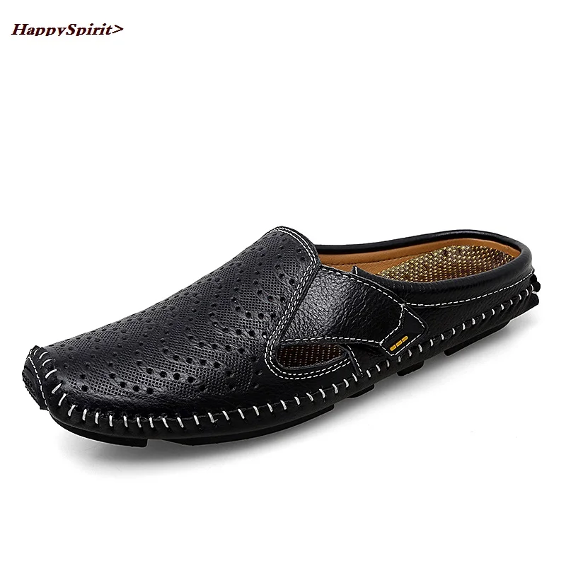 

New Genuine Leather Men's Slippers Summer Breathable Casual Mules Light Half Shoes For Men Outdoor Anti-slip Driving Loafers Man