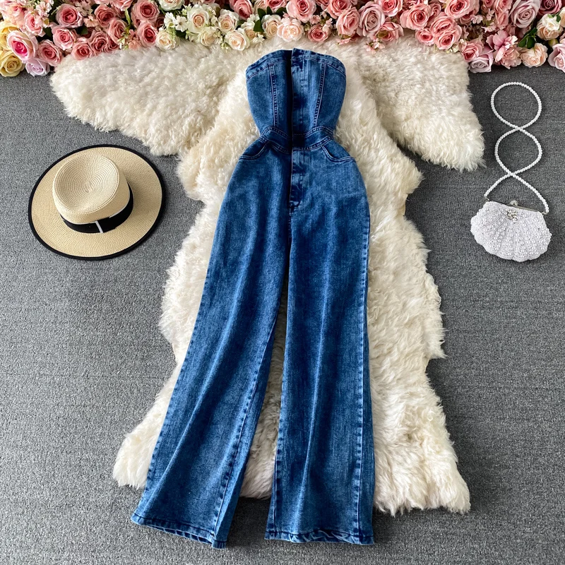 

Blue Jeans Jumpsuit Women Overalls Loose Wide Leg Pants Summer Pocket High Waist Strapless Jumpsuits Female Rompers 2022