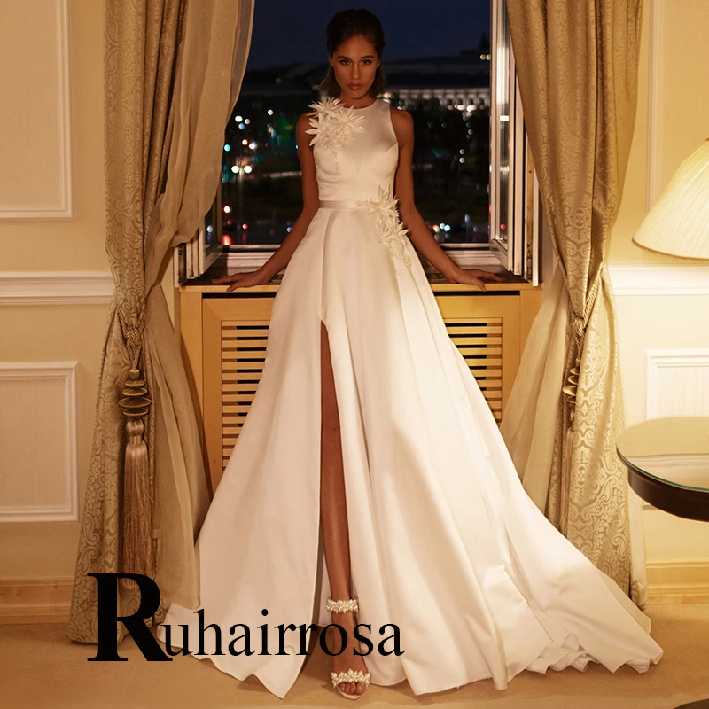 

Ruhair Bohemian Fancy O-Neck Wedding Dresses Silt Tea-Length For Women Appliques Lace Vestidos De Novia Formal Brides Gown
