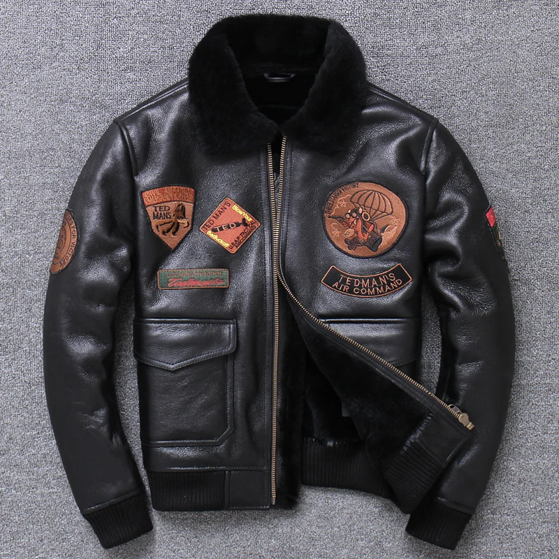 Зимние утолщенные кожаные куртки из натурального овечьего меха мужская летная