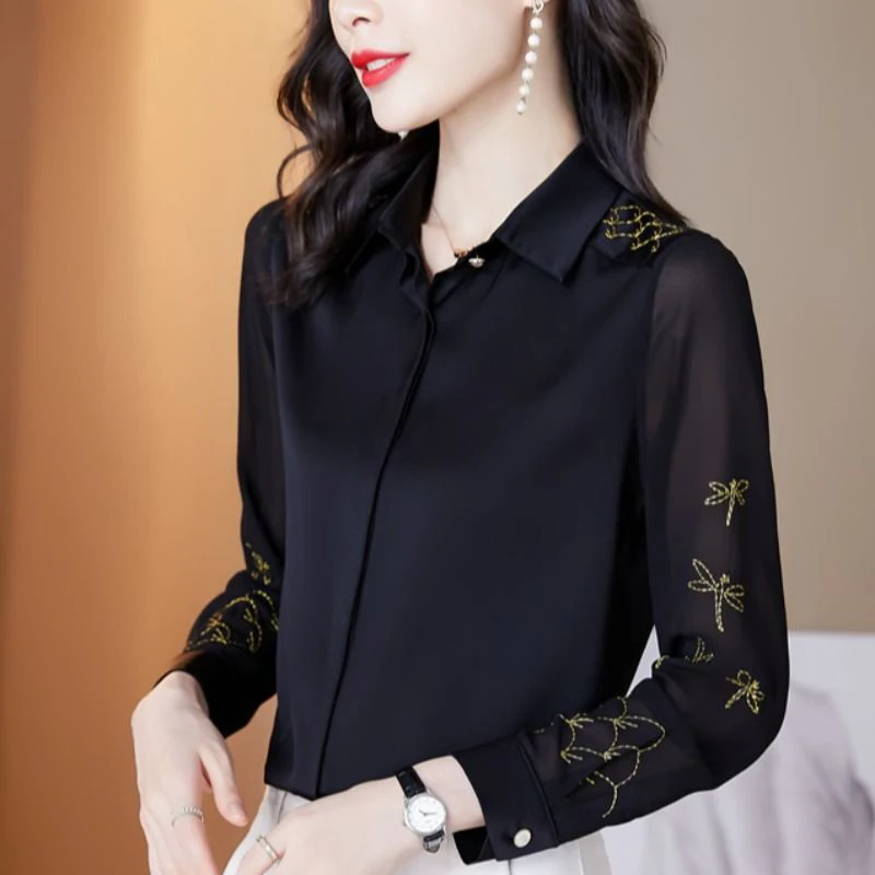 

Gidyq Y2K Women Chiffon Shirts Korean Fashion Embroidery Elegant Long Sleeve Tops Casual All Match Female Black Blouse