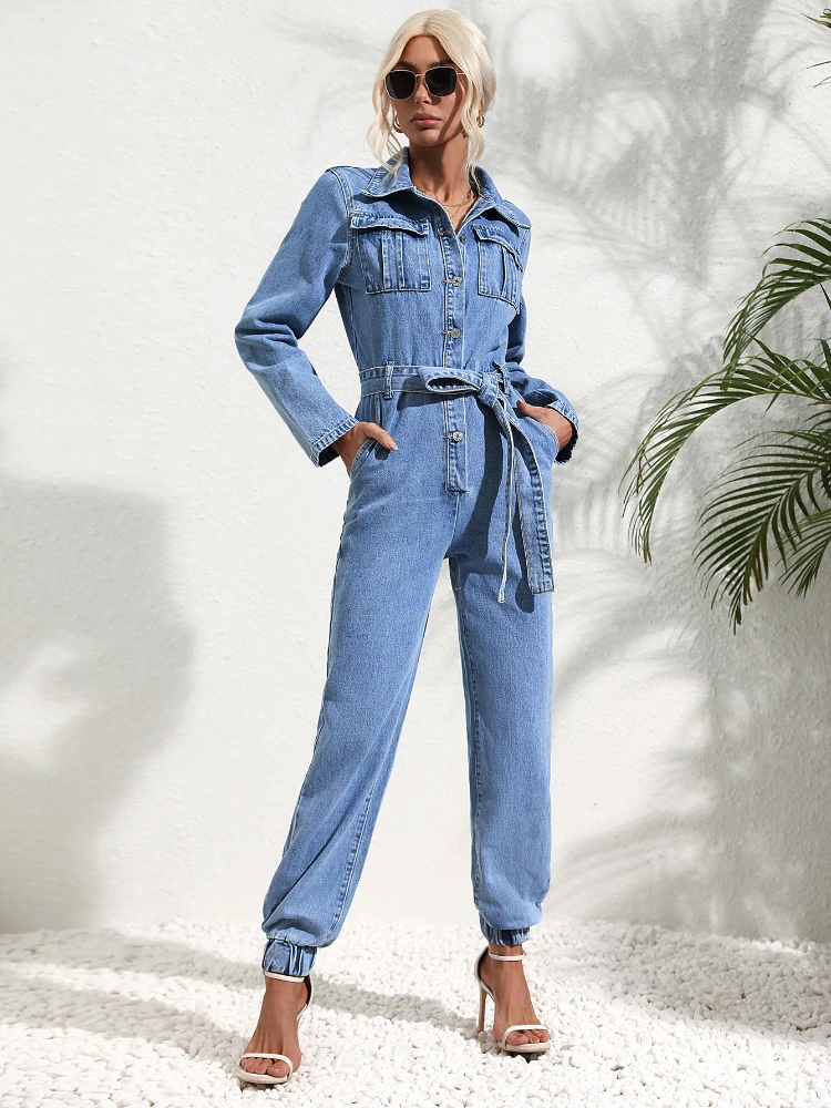 Blue Lapel Long Sleeve Jumpsuit Fashion Women's Clothing INS Casual Commuter Leggings Slimming Single Breasted One Piece Jeans
