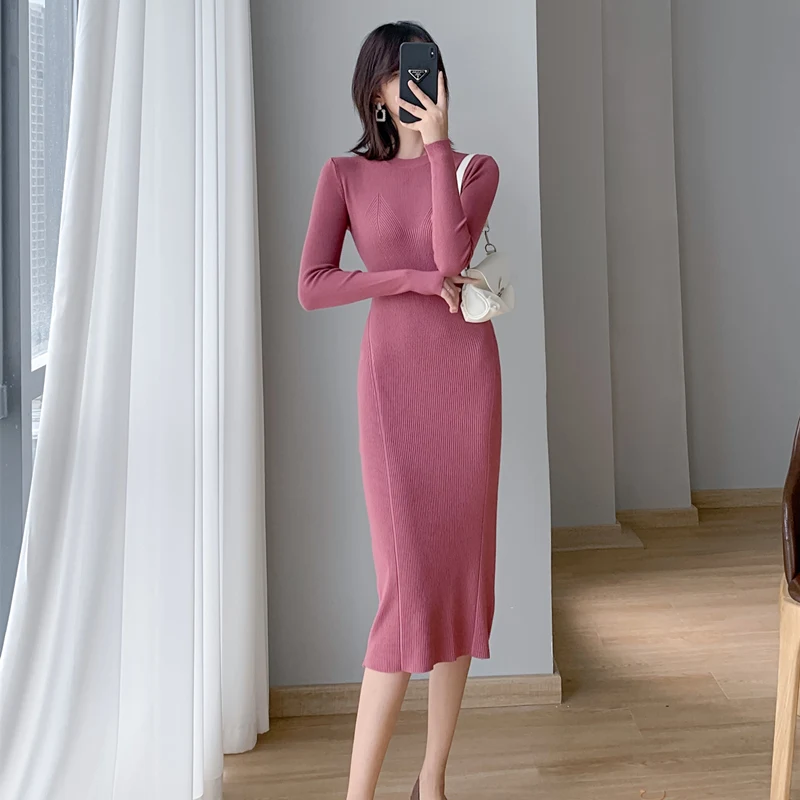 

Vintage Korea Fashion Solid Sweater Midi Dresses for Women Elegant Ladies Slim Knitted Bodycon Dress Vestidos Autumn Winter 2023