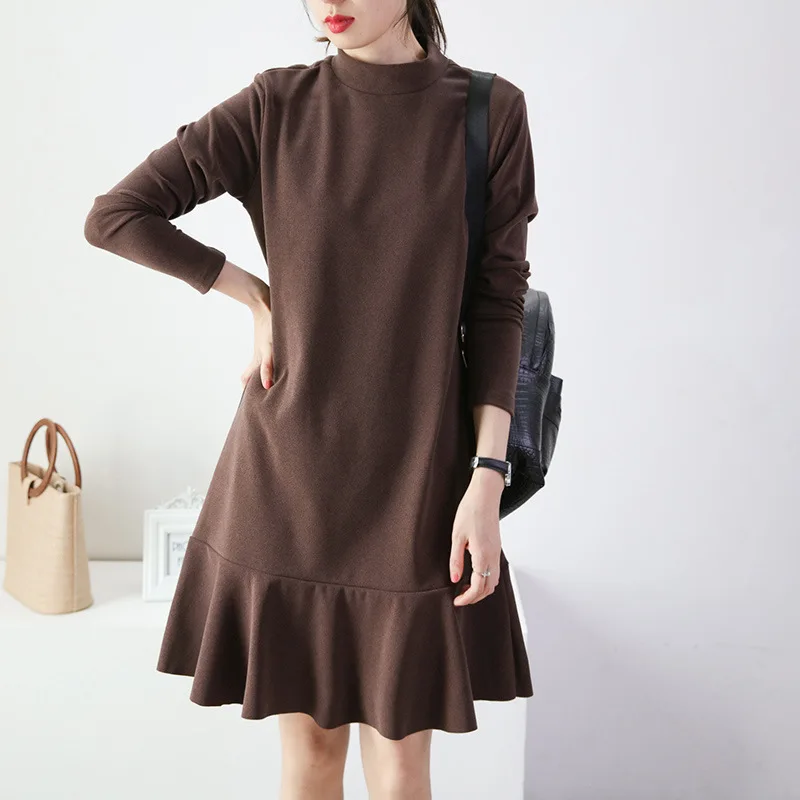 2021 Women Ruffle High Neck Mini Dress Warm Plush Thickened Straight Casual Loose Solid Long Sleeve Dress Bottoming Clothes