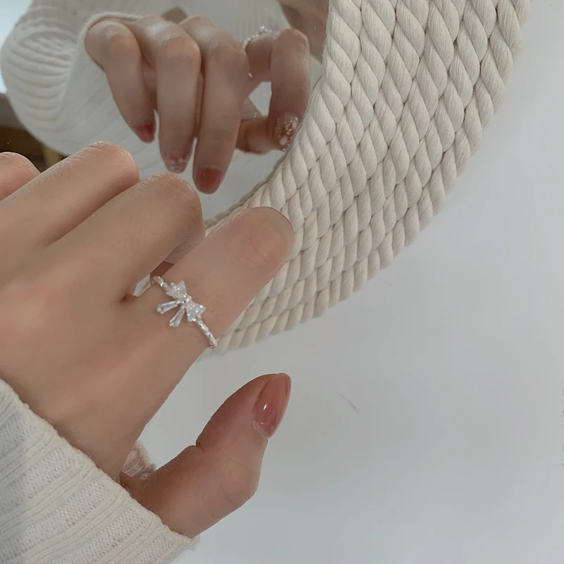 

Sweet Silver Plated Zircon Bow Ring for Women Open Adjustable Micro Setting Simple Fashion Rings Jewelry