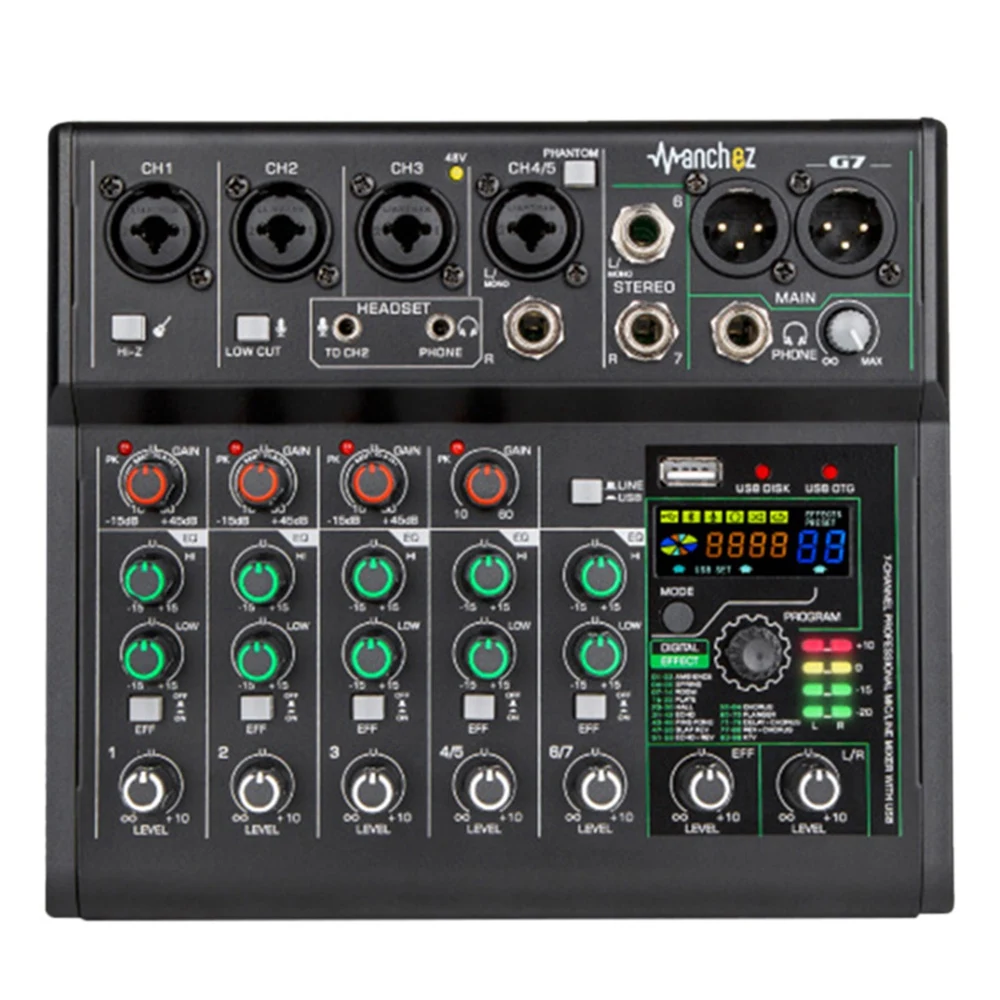 

G7 Sound Card Audio Mixer Sound Board Console Desk System Interface 7 Channel USB Bluetooth 88 Mixing Effects (EU Plug)