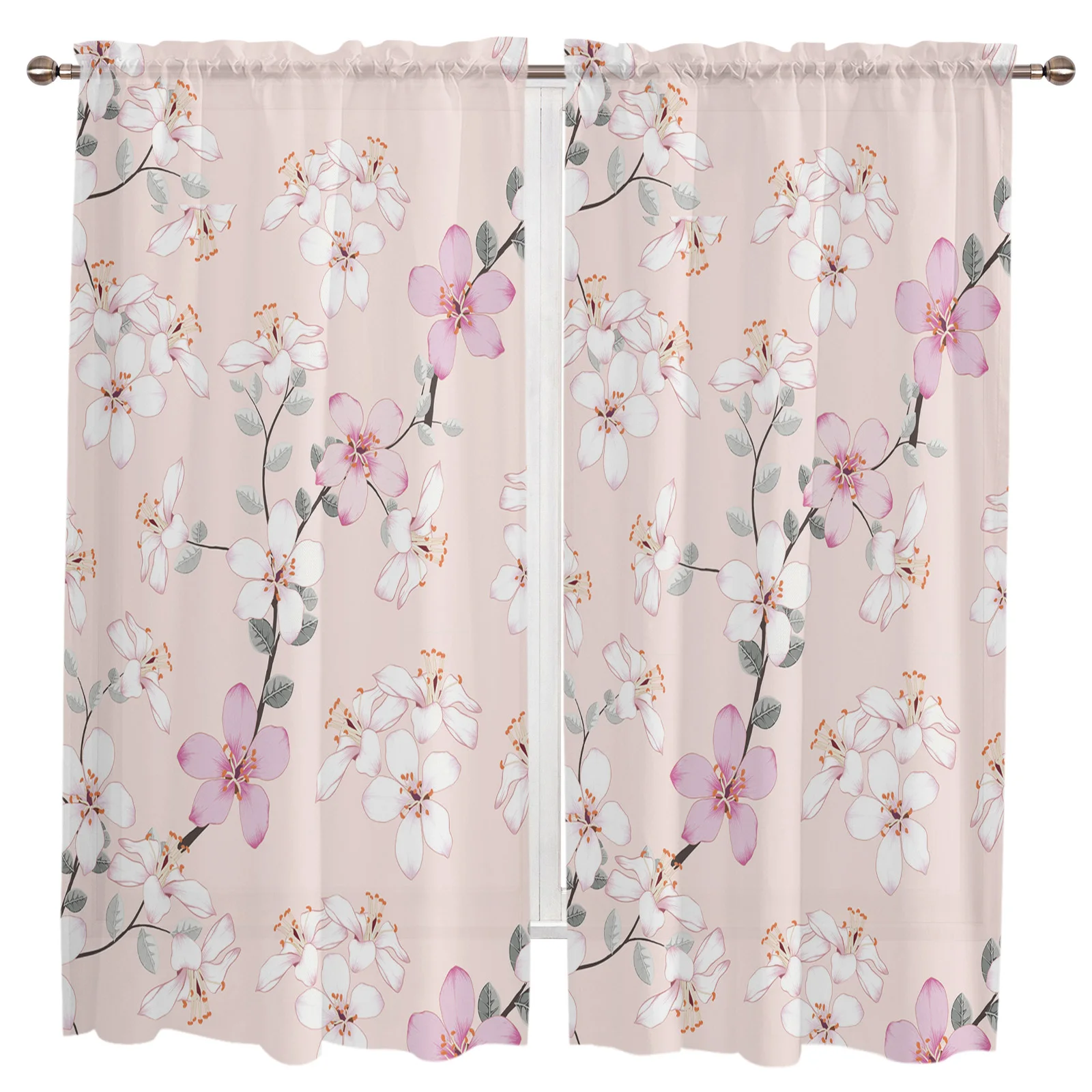 Весенние прозрачные шторы с розовыми цветами персика Короткие Занавески для
