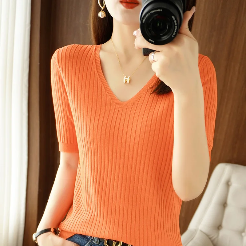 

Women's Clothing Knitting Sweater Simplicity V Neck Short Sleeve French Casual Korean Fashion Baggy Ladies Blouse Tops Summer