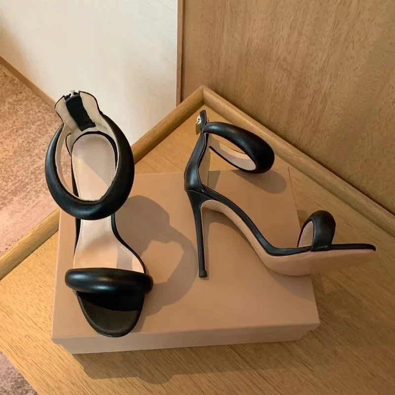 High Fashion Super Heel Back Zipper Sandals Sexy Genuine Leather Ankle-Strap Stiletto Lady Wedding Banquet Sapato Feminino