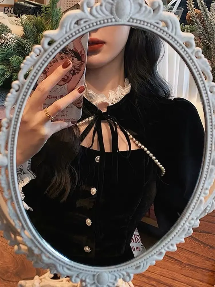 

Pleuche Long Sleeve Midi Dress Women French Style Vintage Elegant Ladies Hollow Out Designed Princess A-line New Autumn Chic Ins