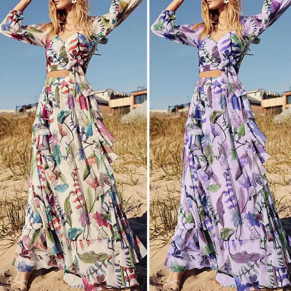 

2Pcs Skirt Set Stylish Low Waist Breathable Long Sleeves Fashion Print Deep V-neck Puller Washable Two-Piece Set Top Maxi Skirt