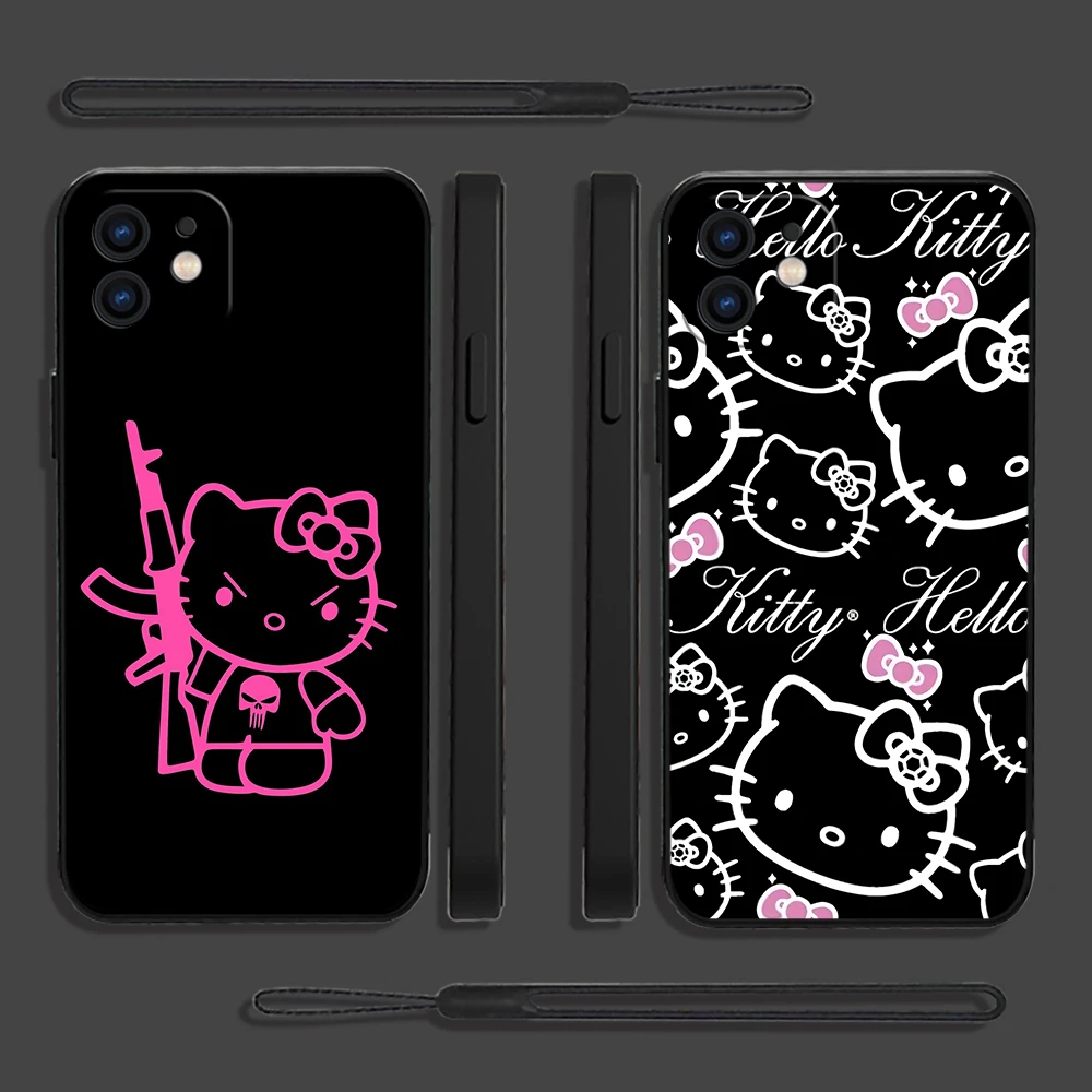 

Fundas Cute Cool Hello Kitty Phone Case For iPhone 14 13 12 11 Pro Max Mini X XR XS SE20 8 7 Plus Silicone Cases with Hand Strap