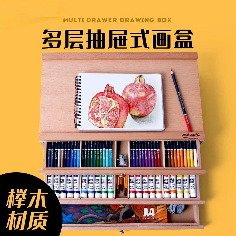 Kup 40.9x25.9cm Desktop Easel Wooden Storage Painting Box 3-layer Drawer Portable Oil Painting Box Sketch Pencil Tool Box