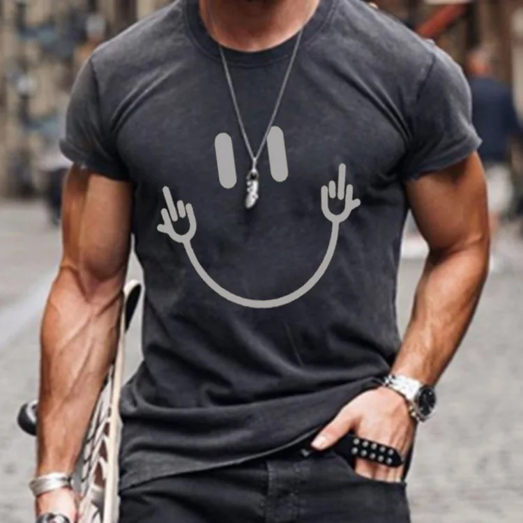 

2022 Hot Selling T-shirt Men's New Summer Short-sleeved Smiley Gray Short-sleeved Casual Large Size Loose European American Tops